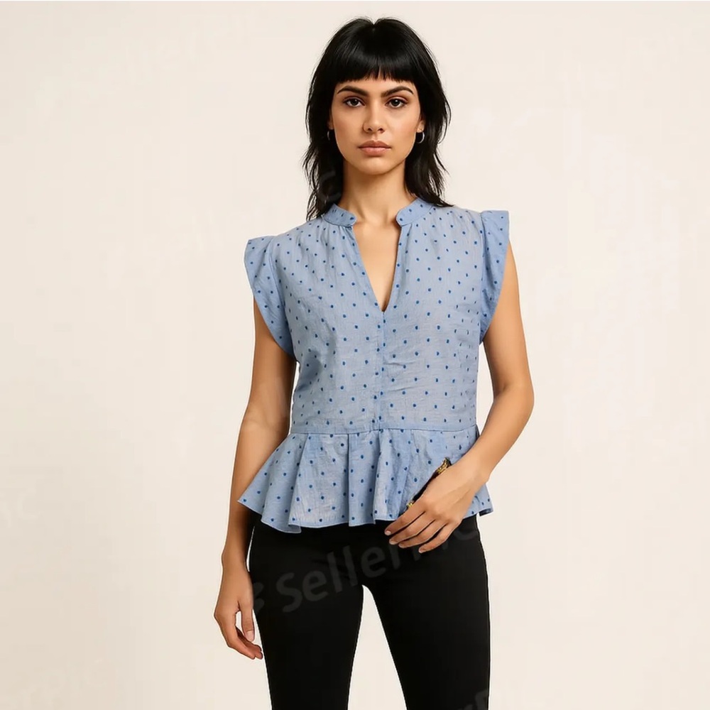 NWT Anthropologie Porridge Light Blue Peplum Blouse w/ Polka-Diamond Pattern